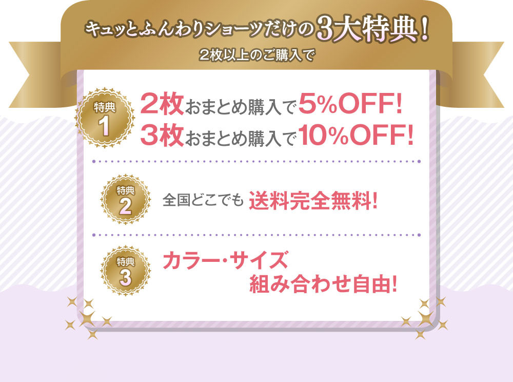 キュッとふんわりショーツだけの3大特典！　２枚以上のご購入で　特典1「2枚おまとめ購入で5%OFF！・3枚おまとめ購入で10%OFF！」　特典2「全国どこでも送料完全無料」　特典3「カラー・サイズ組み合わせ自由！」