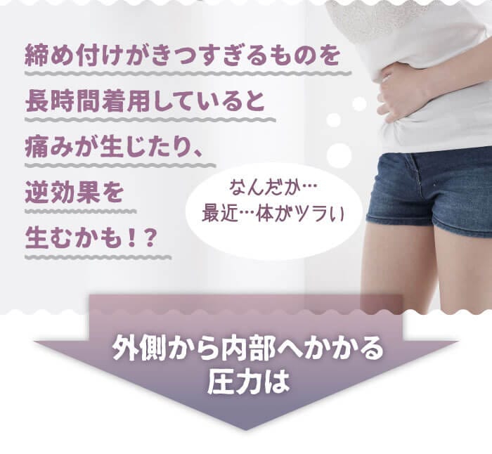 締め付けがきつすぎるものを長時間着用していると痛みが生じたり、逆効果を生むかも！？　「なんだか…最近…体がツラい」外側から内部へかかる圧力は