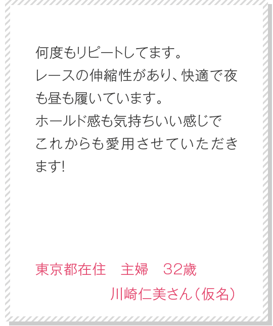 見た目、小さくて履けるか心配でしたが伸縮性があり大丈夫でした！履き心地もよく仕事に履いていったら「ラインがキレイだね」と言われすごく嬉しかったです！　大阪府在住　会社員　26歳　高橋若菜さん（仮名）